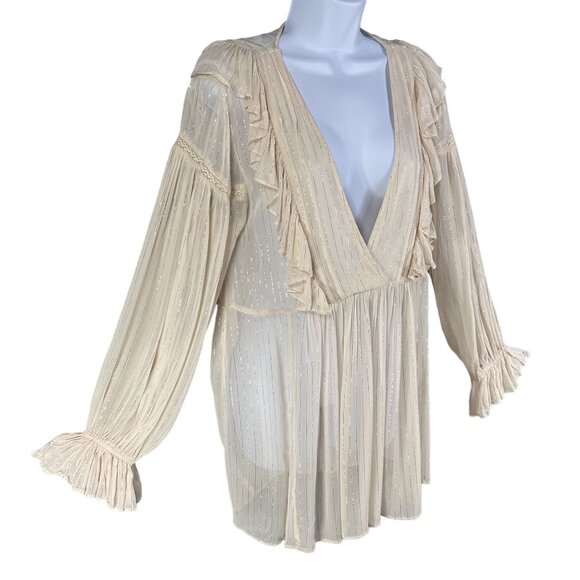 Anthropologie Maeve Wynn Metallic Striped Womens 8 Flowy Tunic Top Boho Peasant - Picture 10 of 16